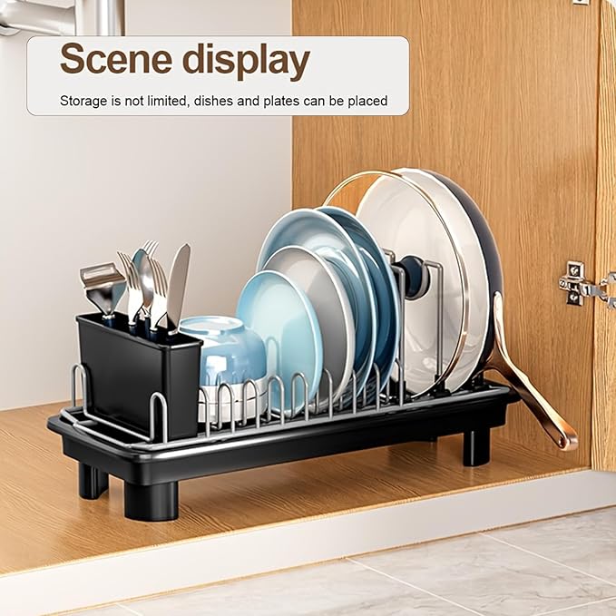 Compact Dish Drying Rack for Countertop, Small-Sized for Dorms, RVs & Tiny Kitchens, Auto-Drain, Adjustable Slots, Rust-Resistant with Utensil Caddy & Sponge Holder (Black)