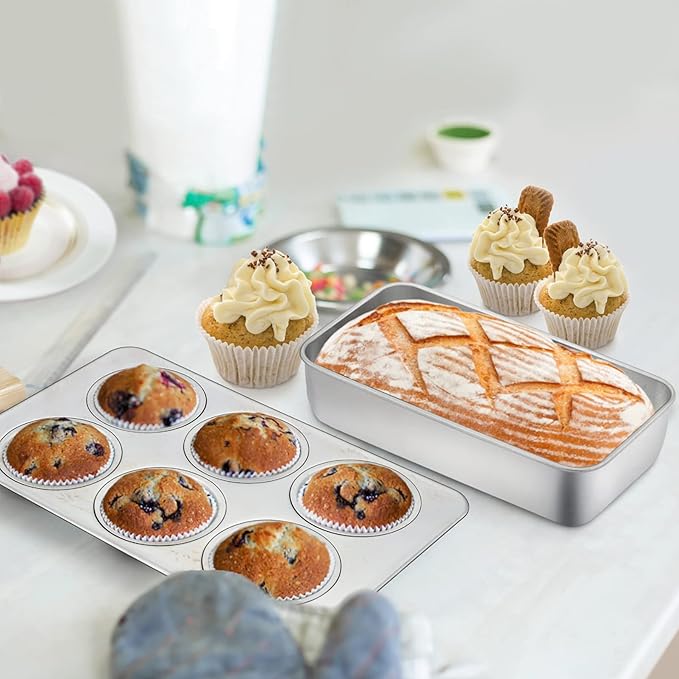 TeamFar Bakeware Sets, Stainless Steel Toaster Oven Baking Roasting Pans, Square/Round Cake Pan, Loaf Pan & Muffin Pan, Healthy & Heavy Duty, Smooth & Dishwasher Safe-5 PCS