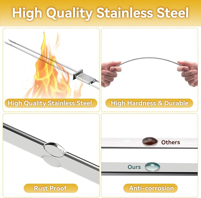 Skewers for Grilling- 17 inch (6 Pack) Double Pronged Flat Stainless Steel BBQ Skewer with Push Bar- Kabob Skewers Skewer Sticks for Camping or family - Reusable, BBQ Accessories