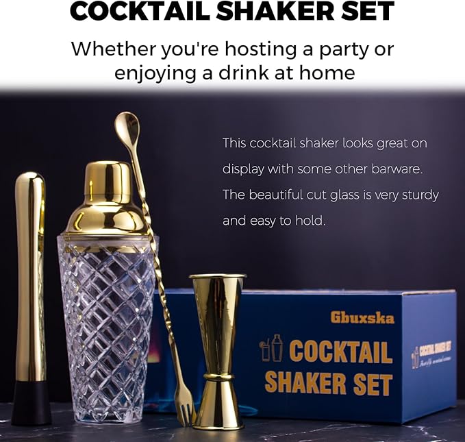 Gold Cocktail Shaker Set - Premium Glass Bartender Kit with Measuring Jigger, Mixing Spoon, and Muddler