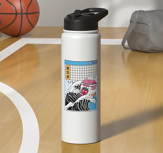 Strawberry Milk Carton Great Wave Kawaii Vaporwave Anime Stainless Steel Insulated Water Bottle