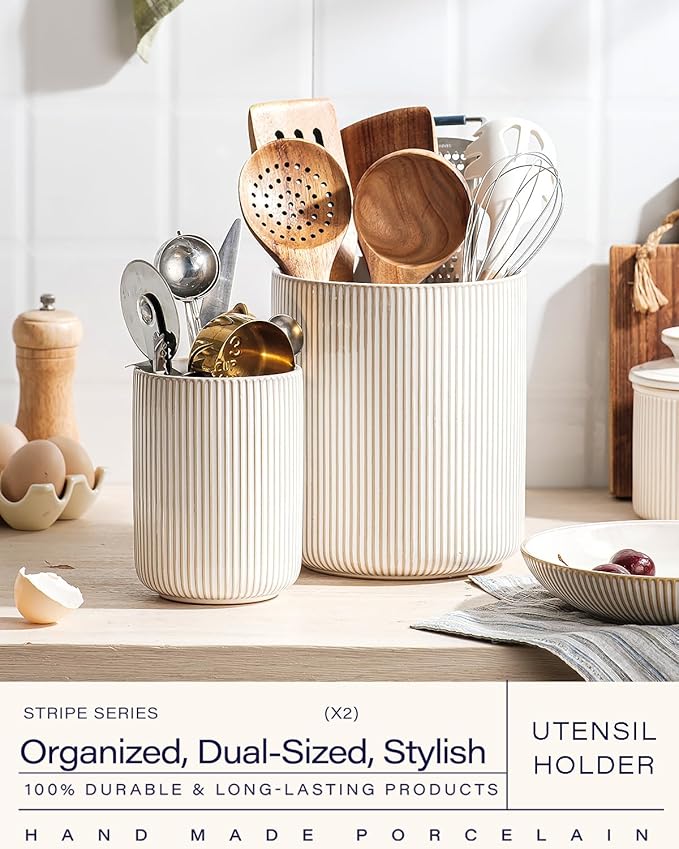 getstar Large Rotating Utensil Holder for Kitchen Counter,7.2"+5.4" Ceramic Utensils Crocks Set for Countertop Large & Small Utensil Organizer for Spatula Farmhouse Kitchen Decor