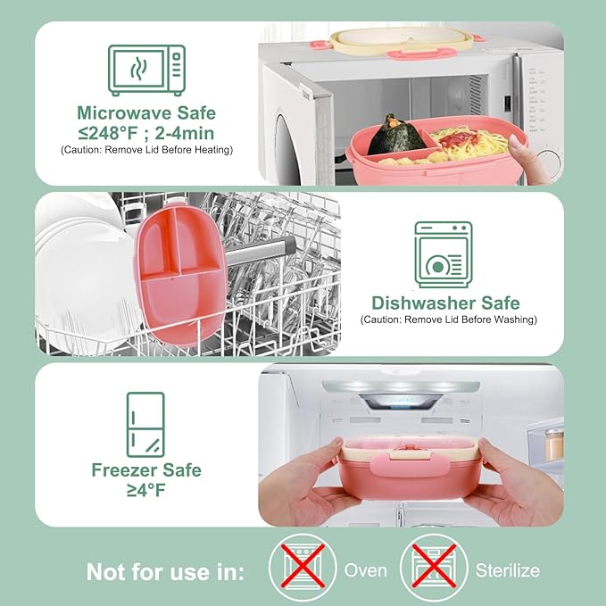 Bento Box Kids Lunch Box with Spoon & Fork - 28oz, 3 Compartment Sandwich Containers Travel Snack Boxes, Microwave/Dishwasher/Freezer Safe, BPA Free Meal Prep Food Storage Containers - Pink