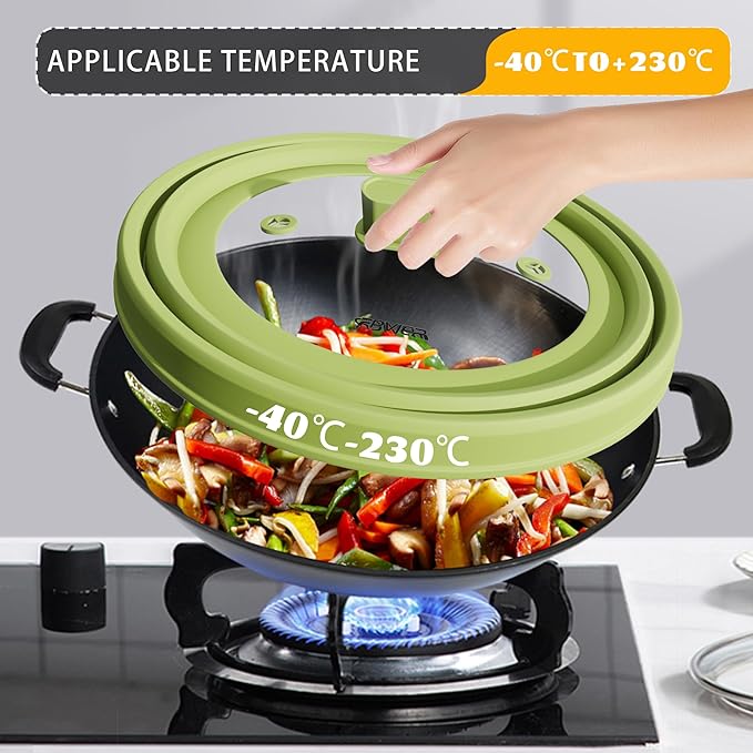 Microwave Splatter Cover, Vented Silicone and Glass Cover Splatter Guard Lid, Food Collapsible Plate Cover Lid with Easy Grip Handle. (Green, 10.8 inch)