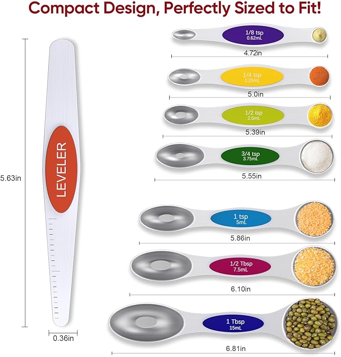 Magnetic Measuring Spoons Set with Strong N45 Magnets, Heavy Duty Stainless Steel Metal, Fits in Most Kitchen Spice Jars for Baking & Cooking, BPA Free, Multicolor