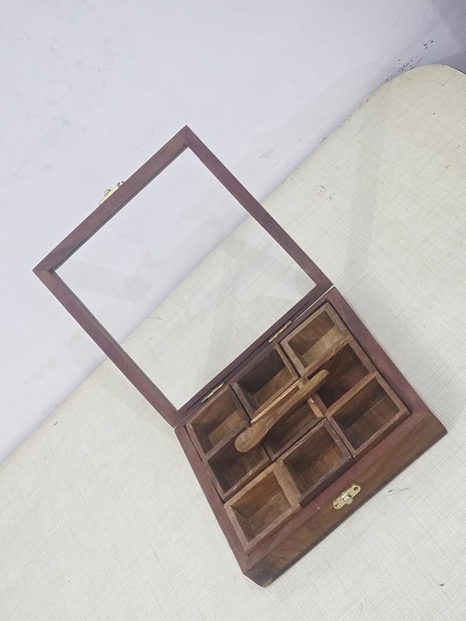 Wooden Spice Box with Glass Lid, 9 Compartment Masala Storage Container with Spoon, Hand Crafted Kitchen Organizer, 8x8 Inches