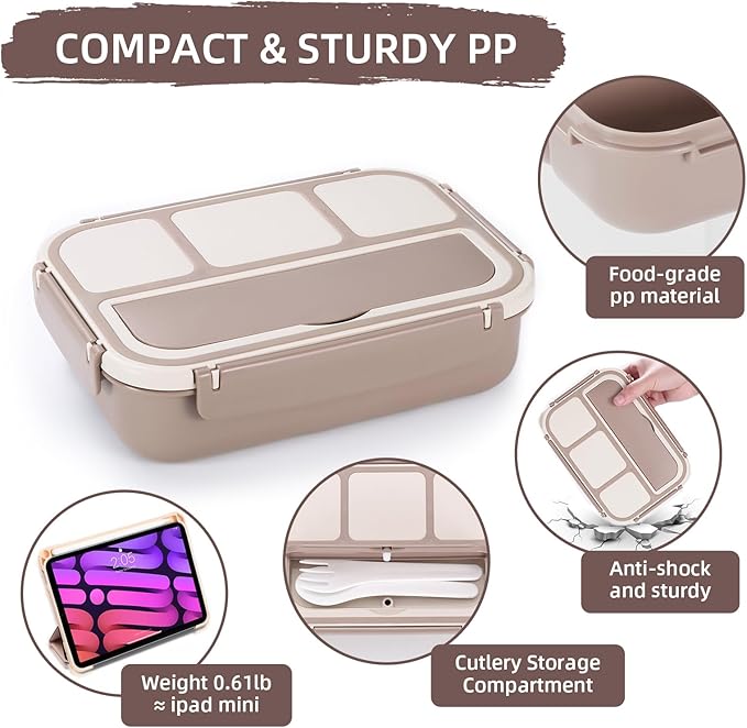 QQKO Bento Box Adult Lunch Box, Lunch Containers for Adults Men Women, Kids Lunch Boxes for School with 4 Compartments, Sauce Container, Utensils and Muffin Cups, Brown