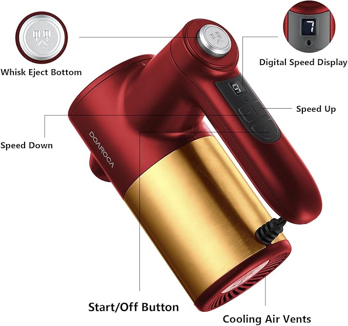 9-Speed Hand Mixer Electric,400W Powerful Red & Gold Electric Hand Mixer,handheld Mixer for Baking Cake Egg Cream,Turbo Boost/Digital Display + 9 Speed + Eject Button + 6 Stainless Steel Accessories