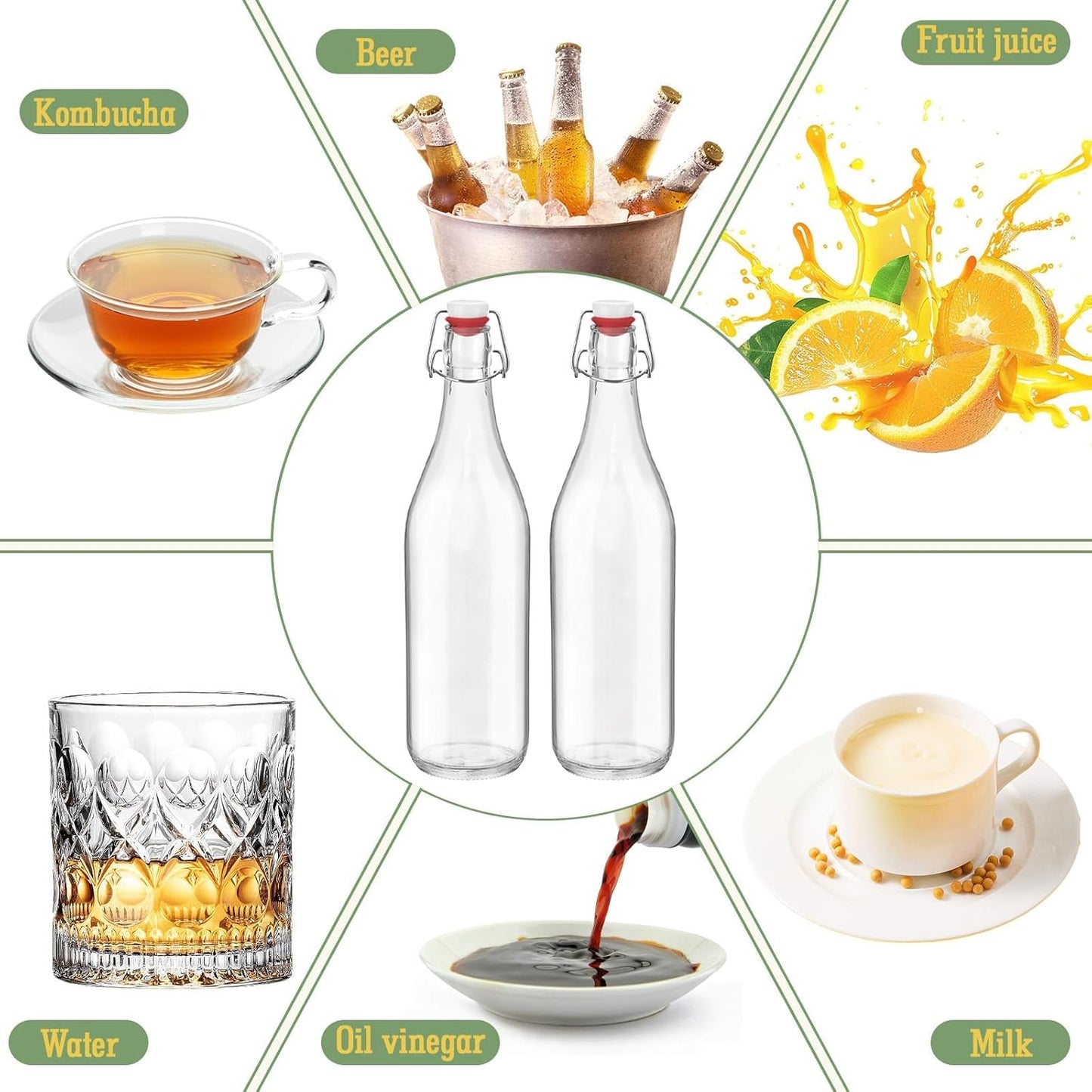 6 Pack [0.48 Liter / 16 fl. oz.] Swing Top Glass Bottles – Airtight Flip Top Brewing Bottles for Kombucha, Beer, Wine, Kefir, Soda, Liquor – Includes Funnel, 2 Pourers, 6 Seals, 8 Labels & Jute Twine