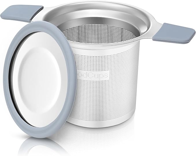 Stainless Steel Tea Infuser for Loose Leaf Tea – Extra Fine Mesh Strainer with Heat Proof Double Handles & Lid, Reusable Filter Fits Mugs, Cups & Teapots, Gray