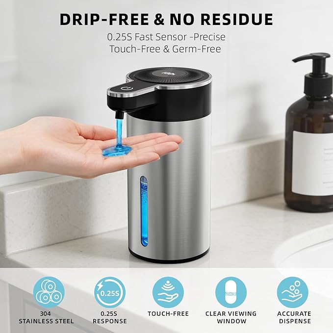 Automatic Liquid Soap Dispenser Touchless, 304 Stainless Steel Bottle Body & 13.5oz/400ml Rechargeable, 4 Adjustable Liquid Levels, IPX5 Waterproof,Level Display for Bathroom Kitchen