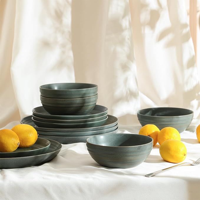 Stone Lain Elio 24-Piece Dinnerware Set Stoneware, Plates and Bowls Set, Dish Set for 8, Green