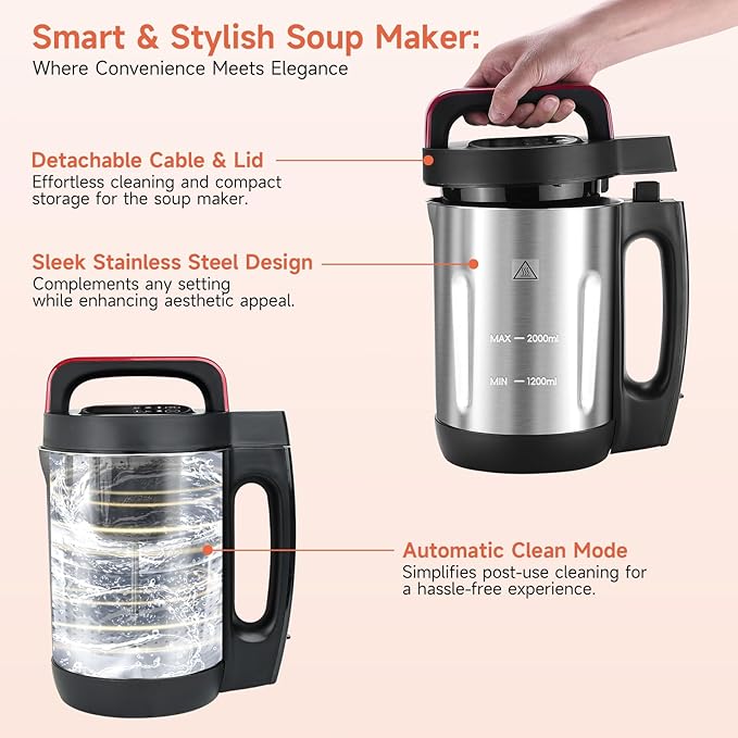 Homtone Soup Maker 2L, Makes 2-6 Servings, 6-in-1 Multifunctional Smooth and Chunky Soup Machine Cooker, Electric Bleander for Homemade Soups, Stainless Steel