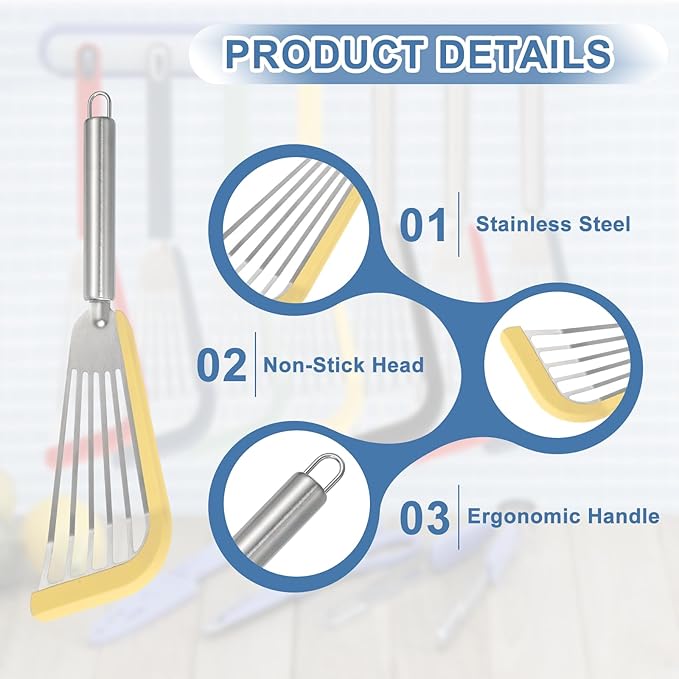 uxcell Stainless Steel Fish Spatulas with Handle Kitchen Cooking Spatula for Egg, Fish, Pancake Yellow