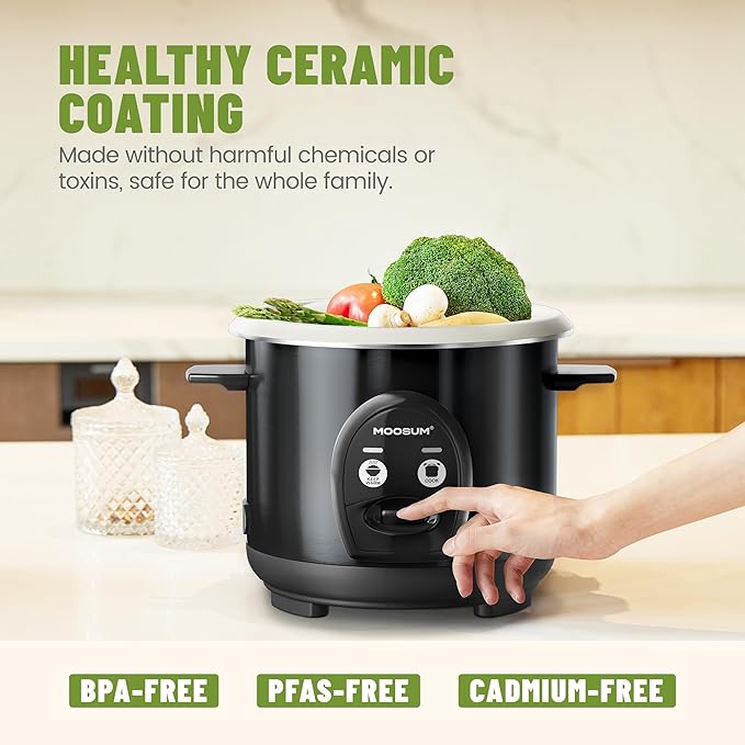 3-Cup Uncooked Rice Cooker Small - Ceramic Coating Non-Toxic Inner Pot, One-Touch Multifunction for Rice/Sauté/Yogurt, Dishwasher Safe, 1-3 People Size, Dark