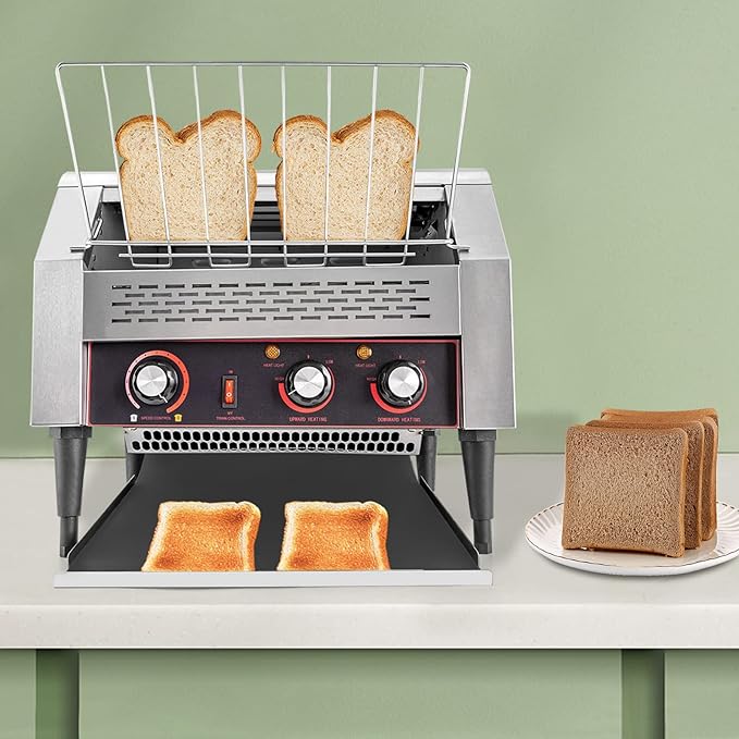Commercial Conveyor Toaster 2600W, 450 Slices/Hour Stainless Steel Bread Oven with Dual Temp Control & Double Chutes - 7-Speed Adjustable