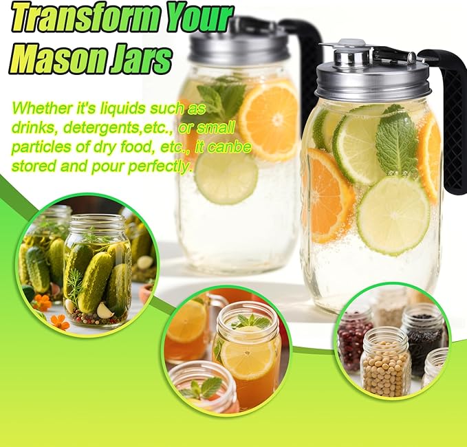 Mason Jar Pour Spout Lid Stainless Steel with Handle, Regular Mouth Pour Spout Flip Cap Lids for Mason Jars, Anticracking Leak Proof Seal Cover Airtight for Drinking Salad Dressing Food Storing(4PCS)