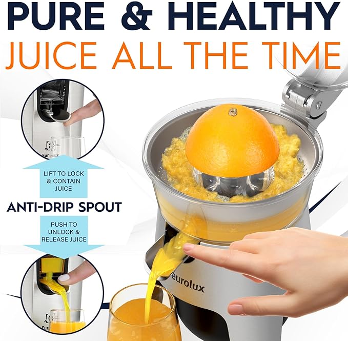 Eurolux Die Cast Stainless Steel Electric Citrus Juicer Squeezer, for Orange, Lemon, Grapefruit | 300 Watts of Power, With 2 Stainless Steel Filter Sizes for Pulp Control