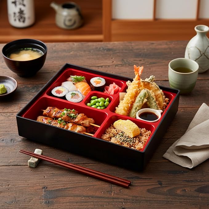 Teenyyou 2 Pcs 12 x 9.5 x 2.2 Inch Japanese Bento Box 5 Compartments Divided Lunch Box with Greaseproof Adult Japanese Bento Lunch Container Sushi Home Restaurant