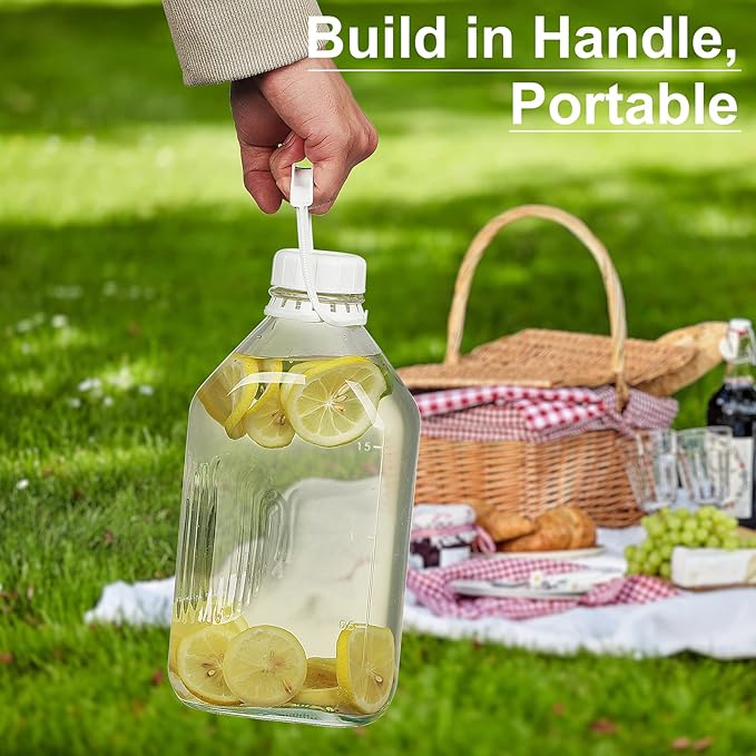 Syntic 4 Pack 2 Qt Glass Milk Bottles with Handle and Airtight Reusable Screw Lids, 1/2 Gal Glass Water & Juice Bottles with 2 Pour Spouts, 64 Oz Milk Jug Pitcher w Scale