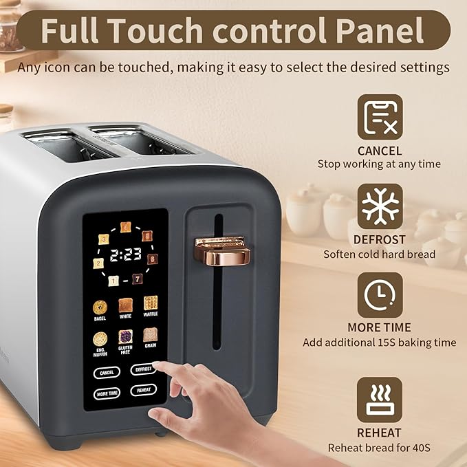 SEEDEEM Toaster 2 Slice, Full Touch Control Stainless Toaster, LCD Display, 50% Faster Heating Speed, 6 Bread Type, 7 Shade Setting, 1.5''Wide Slots, Removable Crumb Tray, 1350W, Dark Chocolate