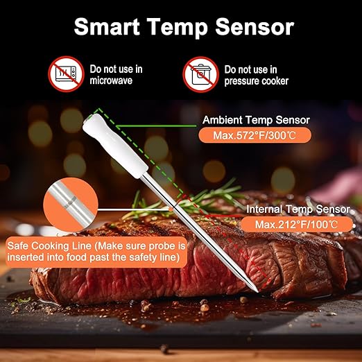 Long Range Wireless Smart Meat Thermometer with Bluetooth Booster, for Oven, Grill, Kitchen, BBQ, Smoker, Rotisserie, Black