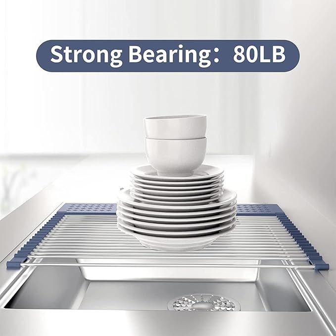 LEMIKKLE 17" x 15" Roll Up Dish Drying Rack Over The Sink Dish Drying Rack,Multi-Purpose Kitchen Rolling Dish Drainer Foldable SUS304 Stainless Steel Dish Drying Rack