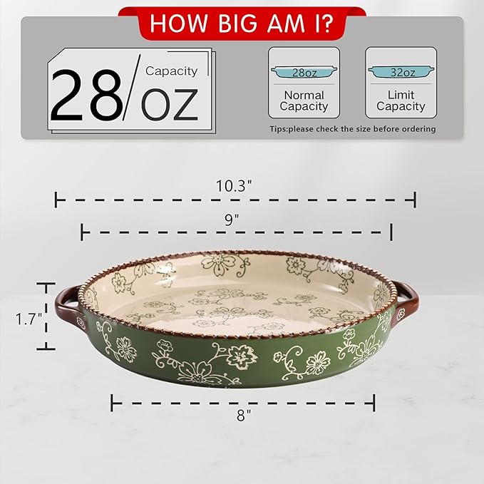 AVLA 2 Pack Ceramic Pie Pan, 9 Inch Round Baking Dish with Double Handle, 28 Ounce Deep Quiche Plate for Kitchen, Cooking, Roasting Lasagna (Sakura, Green)