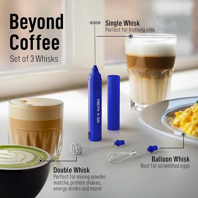 Zulay Froth N Go Milk Frother – Rechargeable 3-in-1 Handheld Frother Wand with Travel Case & USB-C Charger – Single, Double & Egg Whisk for Latte, Cappuccino, Matcha, Protein Shakes – Royal Blue