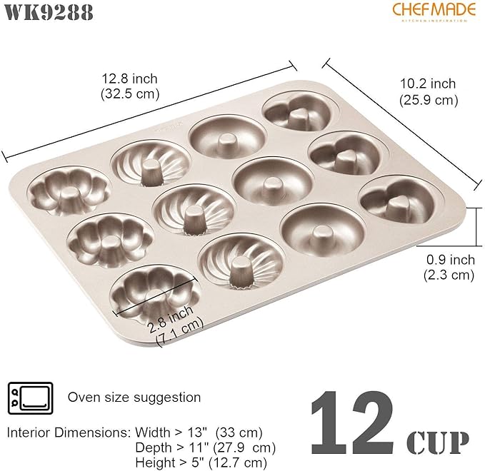 CHEFMADE Donut Mold Cake Pan, 12-Cavity Non-Stick Pattern Doughnut Bakeware for Oven Baking (Champagne Gold)
