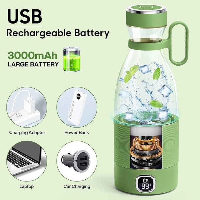 MIAOKE Portable Blender, 6 Blades Juicer Cup for Juice Shakes and Smoothies 350ml Mini Blender with Led Display Usb Rechargeable,3000Mah Rechargeable Battery, for Home Outdoors Travel-Avocado Green