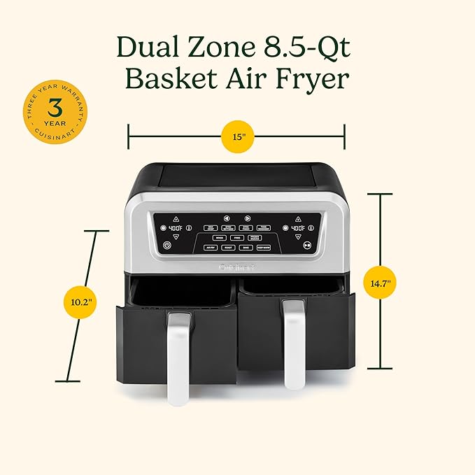 Cuisinart Dual Basket Air Fryer, 2-4.25 QT Baskets, Total 8.5 QT, 4 Functions Air Fry, Roast, Bake and Keep Warm, Features Sync Finish and Sync Settings, Toss Reminder, Auto Warm Mode and Auto-Pause