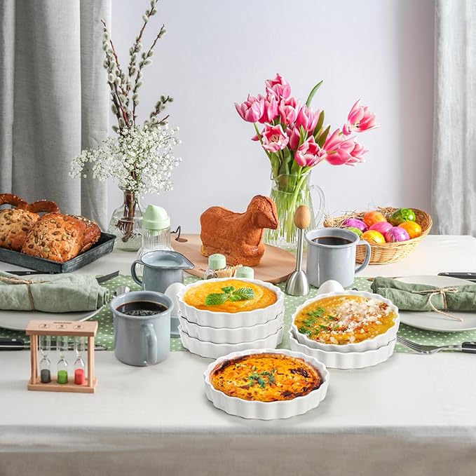 Foraineam 10 Pack 8 oz Creme Brulee Ramekins, 6 Inch Round Fluted Quiche Dishes, Porcelain Pie Pan Shallow Baking Dish Oven Safe for Baking Souffle, Apple Pie, Quiche, Tart