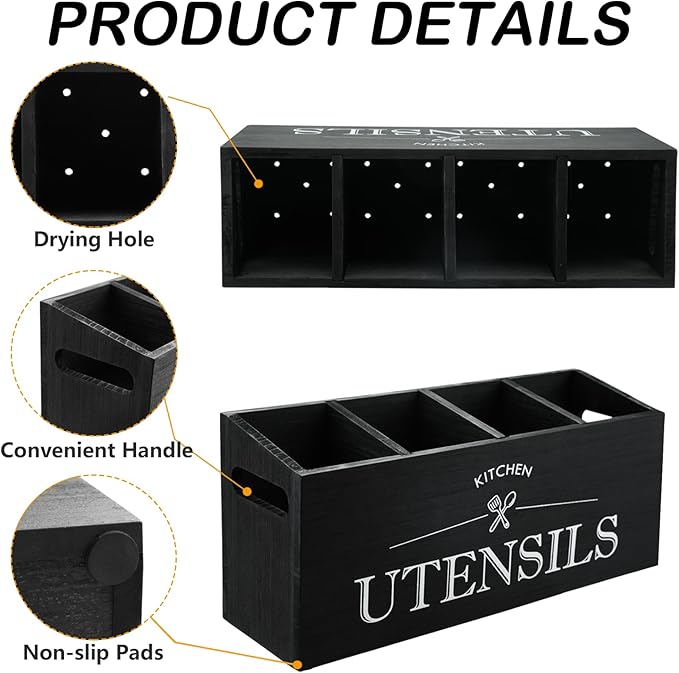 Kitchen Utensil Holder with 4 Compartments, Wooden Utensil Organizer for Countertop, Ideal for Storage and Organization, Rustic Cooking Utensil Kitchen Tool, Black