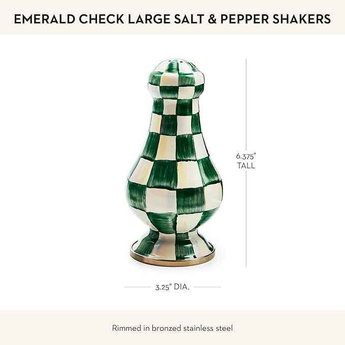 MACKENZIE-CHILDS Enamel Salt and Pepper Shakers, Kitchen Table Spice Shaker Set, Green-and-White Emerald Check, Large
