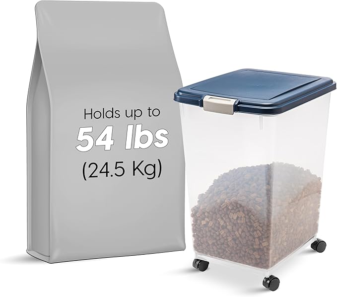 IRIS USA Dog Food Storage Container, Up to 54 Pounds, Attachable Wheels, For Dog Cat Bird and Other Pet Food Storage Bin, Keep Fresh, Easy Mobility - Made in USA, Navy