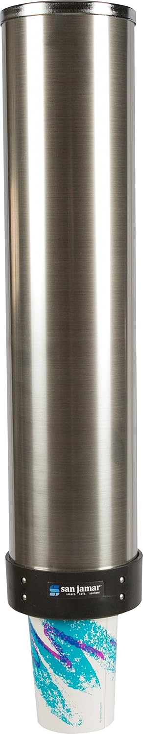 San Jamar Pull-Type Cup Dispenser 32-46 Oz. Cups for Restaurants, Home, and Office, Plastic, 23.5 Inches, Silver, Large