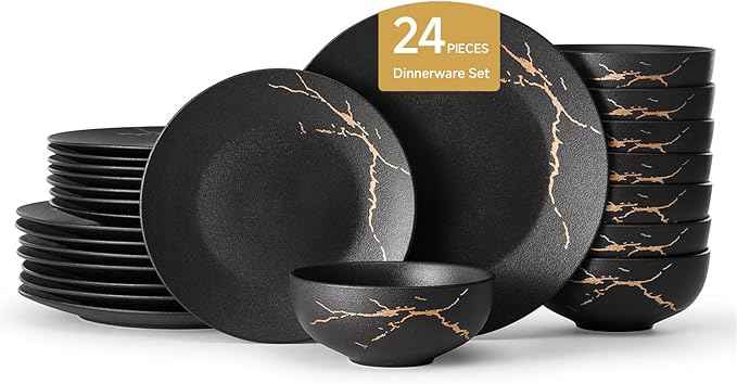 KINGSTONE Porcelain Dinnerware Sets for 8 | 24 Piece Plates and Bowls Sets Kitchen Dishes Scratch Resistant Matte Black Gold Vein Dinner Salad Plate Dishware for Party Daily Wedding