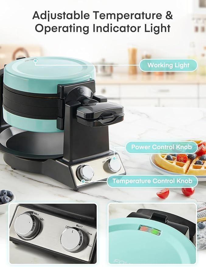 FOHERE 2-in-1 Omelette Maker&Waffle Maker, 1400W Omelet Maker 180° Flip, Adjustable Browning Control, Non-Removable & Nonstick Pans, Make Two Omelet and One Waffle at Once for Home (Mint Green)