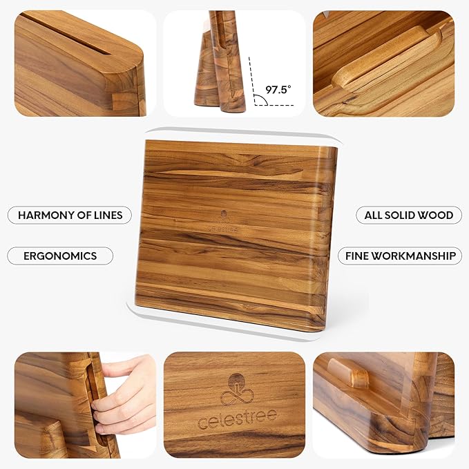 2 - in - 1 Magnetic Knife Block Holder with 16"x11" Cutting Board, Crafted from Premium Natural Teak Wood, Exquisitely Made with Elegant Design, Ideal for Efficient Kitchen Knife Storage