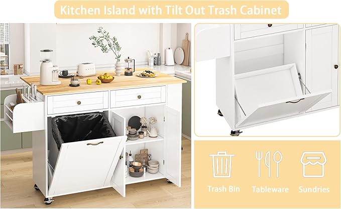60'' Rolling Kitchen Island with Drop Leaf, Storage Islands Cart with Tilt Out Trash Can Cabinet, Rubber Wood Tabletop, Knife Holder, Wheels, White