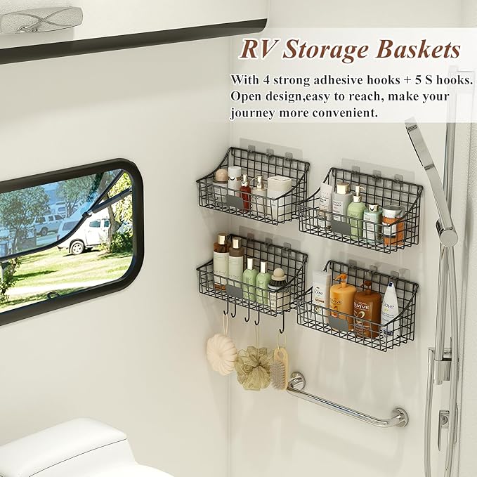 Hanging Wall Wire Basket-4Pack,Large Metal Organizer Baskets & Bathroom Shower Shelf with 4 Adhesive Hooks+5 S Hook, Wall Mounted Baskets & Shelves for Bathroom, Kitchen Storage
