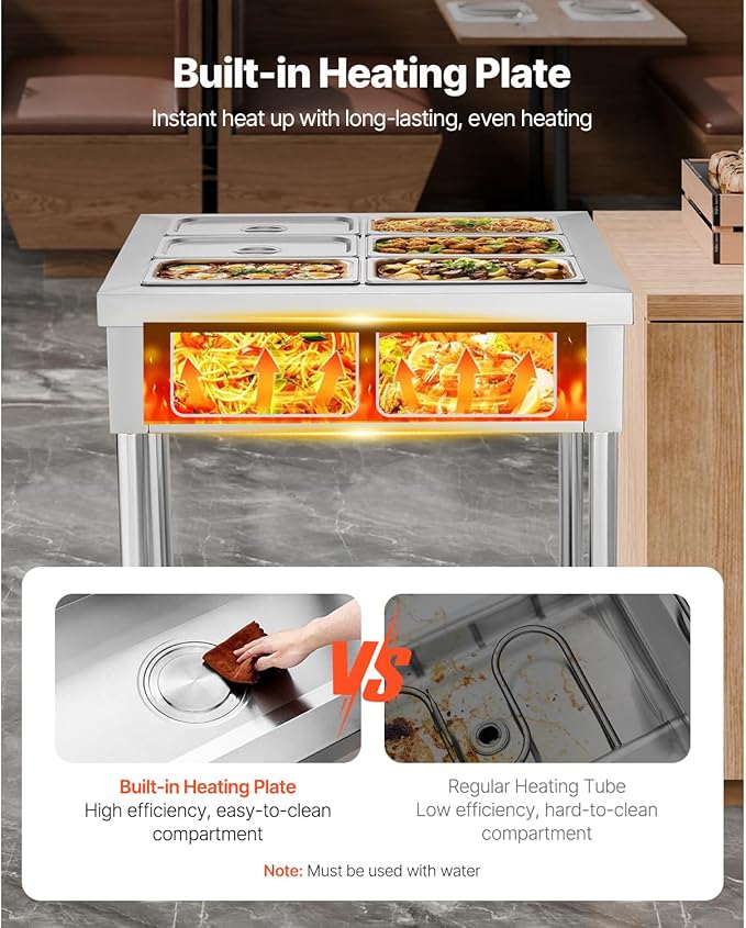Happybuy 6-Pan Commercial Food Warmer, 1500W Electric Steam Table with Undershelf, Stainless Steel Buffet Server for Restaurants, Parties, and Hotels