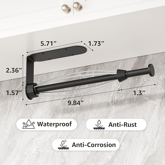 Mbillion Under Cabinet Paper Towel Holder for Kitchen, RV & Camper - Waterproof, Anti-Rust Wall Mount with No Drill Installation, 5.71” Compact Design (Black)
