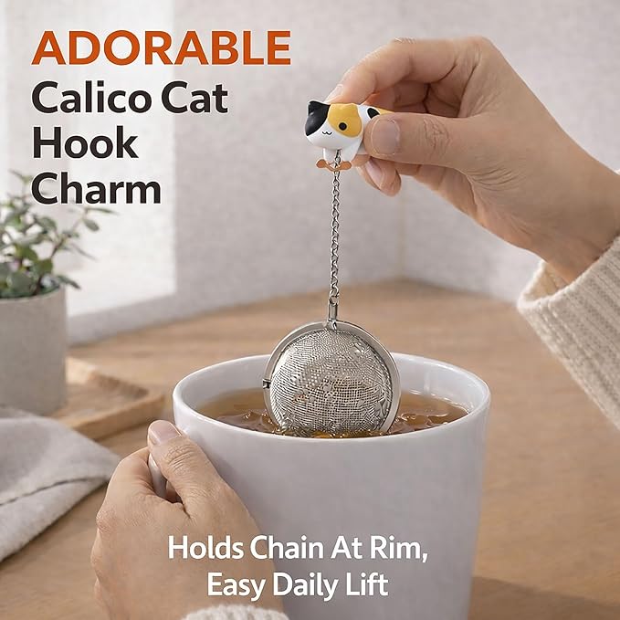 Cute Tea Infuser for Loose Leaf Tea, 304 Stainless Steel Fine Mesh Tea Ball Strainer with Adorable Calico Cat Mug Hook, Easy Lift-Out, Leak-Resistant Closure, Dishwasher Safe, Gift Box