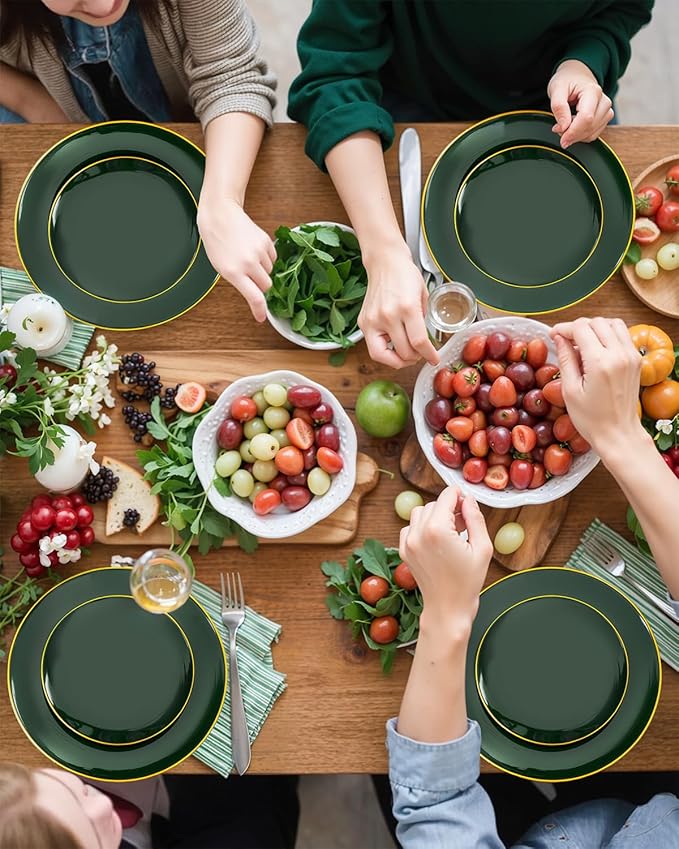 PULOTE 200PCS Green Plastic Plates - Heavy Duty Green Disposable Include 100 Each (10 inch Dinner & 7 inch Dessert) Plates for Christmas Party
