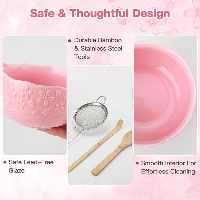 Matcha Whisk Set, 8-Piece Ceramic Japanese Matcha Bowl & Accessories Kit for Traditional Tea Ceremony, Home Use & Gifts (Pink)