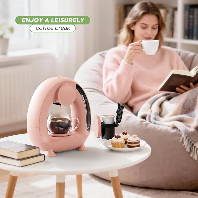 BENFUCHEN Pod and Grounds Single-Serve Coffee Maker, 2 in 1 One Cup Coffee Machine Compatible with K-Cup Pod & Coffee Grounds/Tea, Compact Design, 4-8oz, Pink