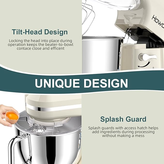 HOWORK Electric Stand Mixer,10+p Speeds With 6.5QT Stainless Steel Bowl,Dough Hook, Wire Whip & Beater,for Most Home Cooks (White)