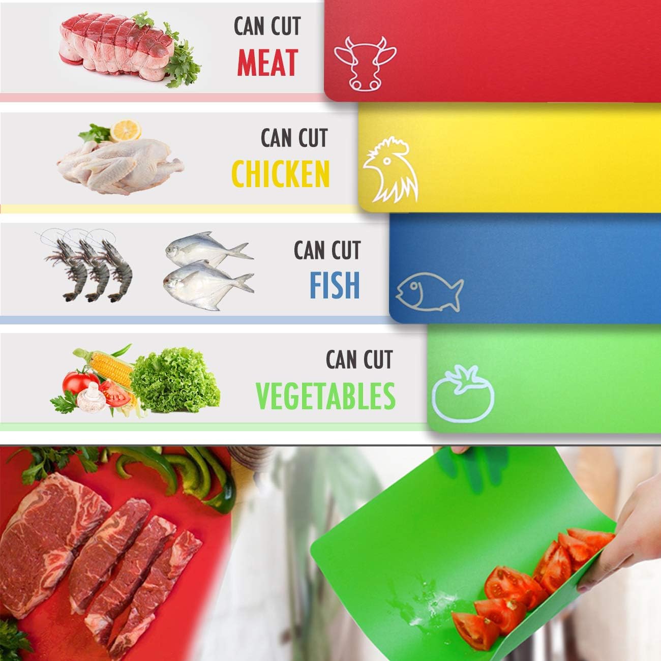 Cutting Board Mats Flexible Plastic Colored Mats with Food Icons, Fotouzy BPA-Free, Non-Porous, Anti-skid back and Dishwasher Safe, Set of 7+1 8 Pieces